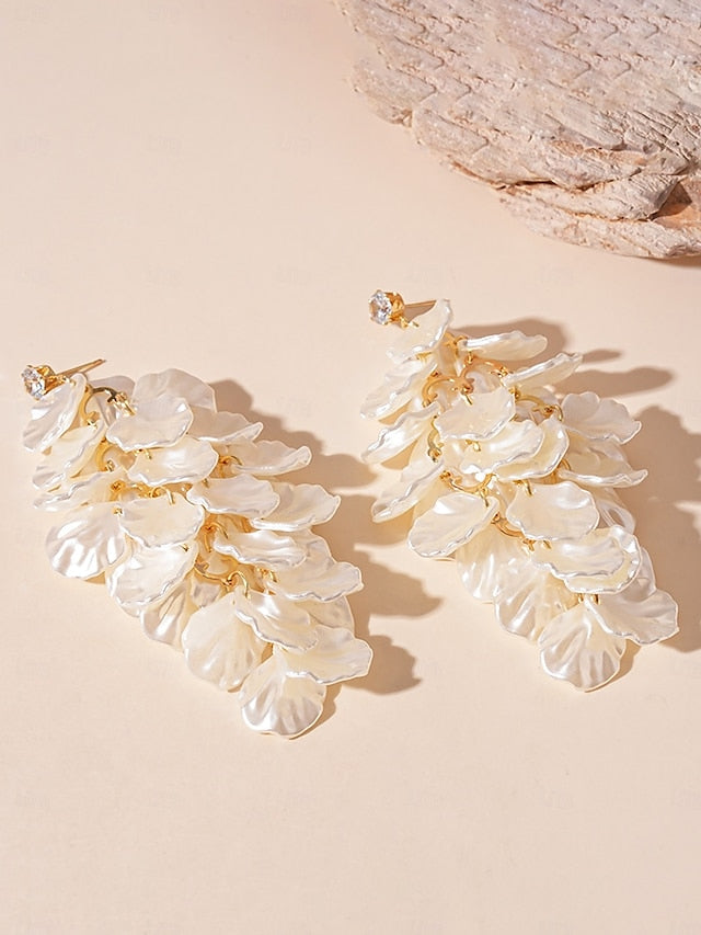 Satin Layered Earrings Petal Drop Elegant Floral Women's -