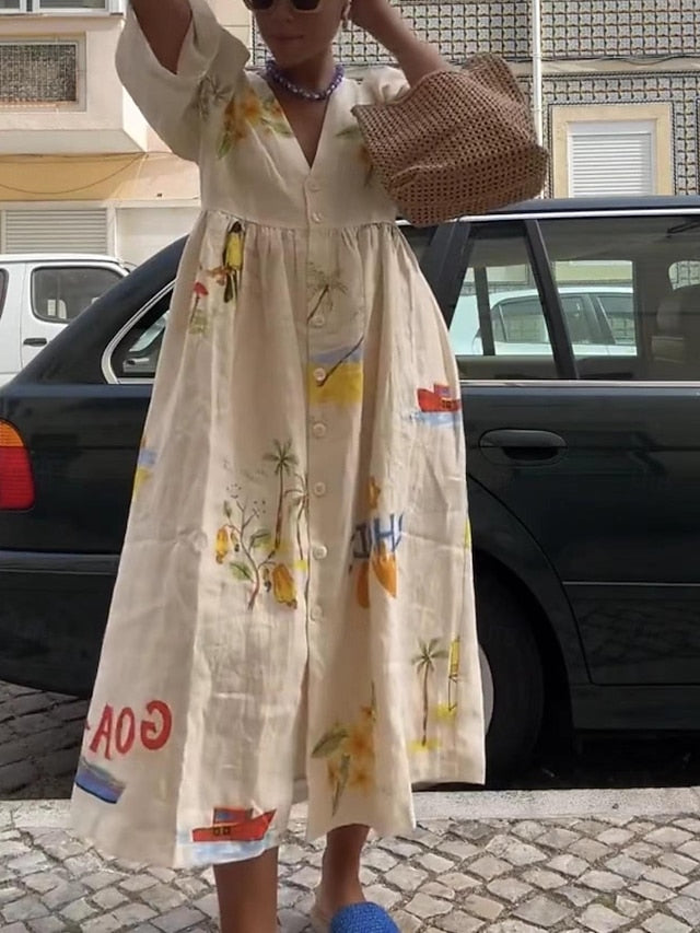 Women's Leaf Animal Print V Neck Puff Sleeve Midi Dress