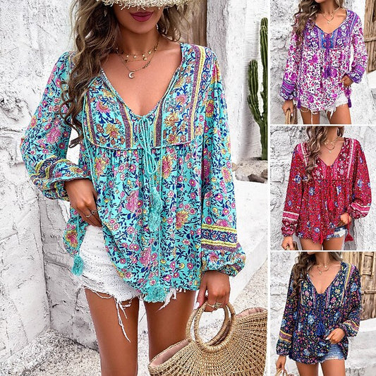 Women's Shirt Blouse Lace up Print Floral Bohemia Ethnic