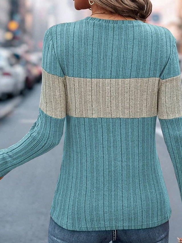 Women's T Shirt Patchwork Color Block Casual Long Sleeve