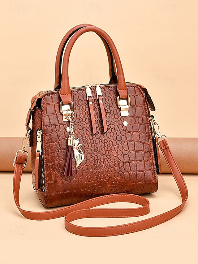 Women's Faux Leather Crocodile Pattern Handbag with Tassel