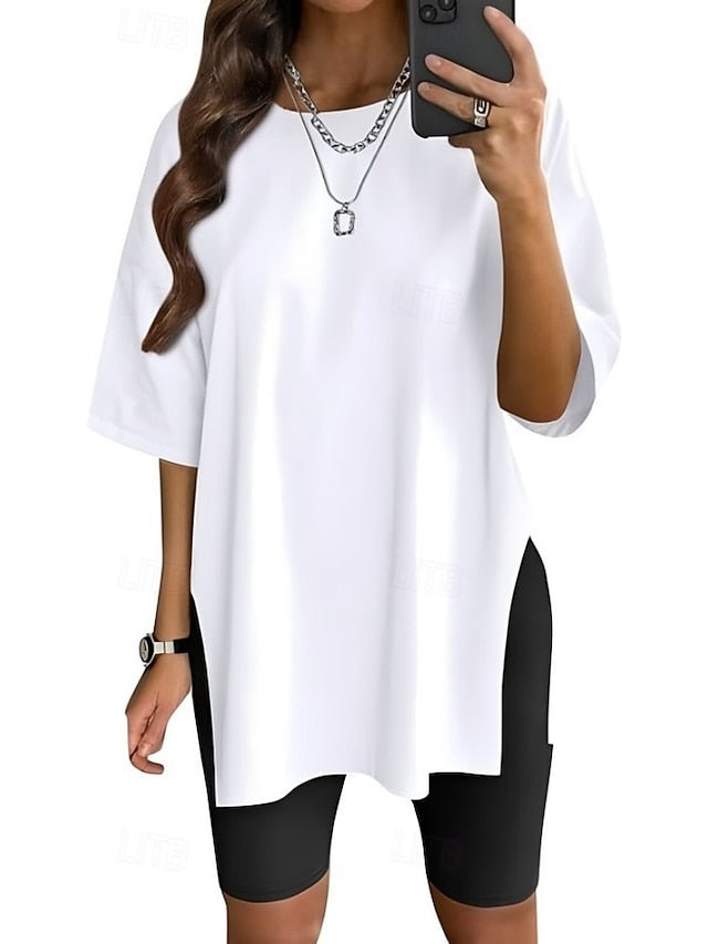 Women's T Shirt Side Split Solid Color Graphic Fashion