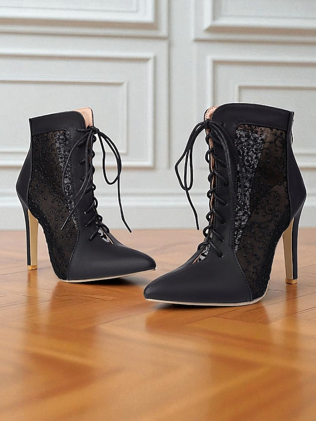 Women's White Stiletto Lace Heels Ankle Booties Mesh with