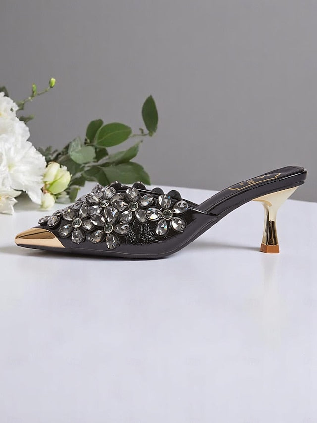 Pointed-Toe Mules – Black Embellished Women's Rhinestone