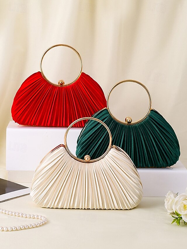 - Velvet Elegant Ring Pleated Handle Green with Gold Clutch