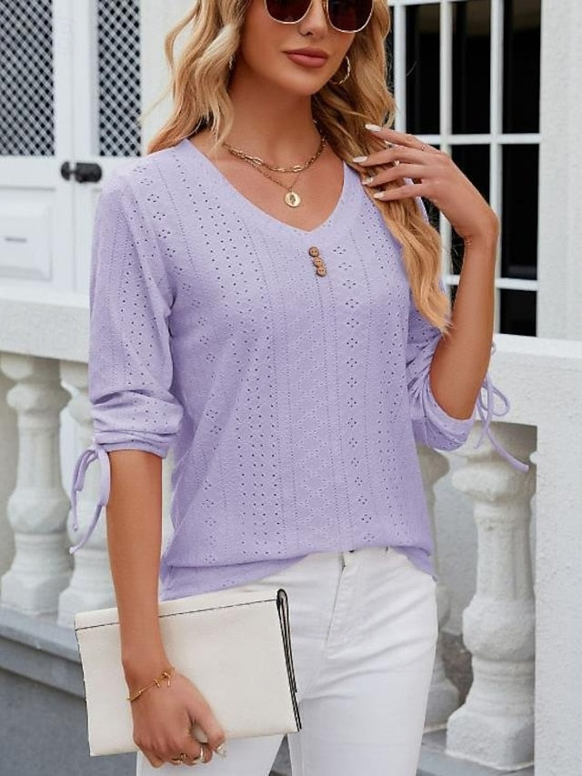 Women's White Elegant Lace Tops Eyelet Blouse Stylish