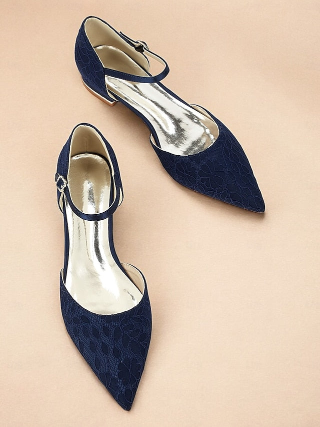 and Blue Pointed with Lace Flats Navy Women's Ankle Strap