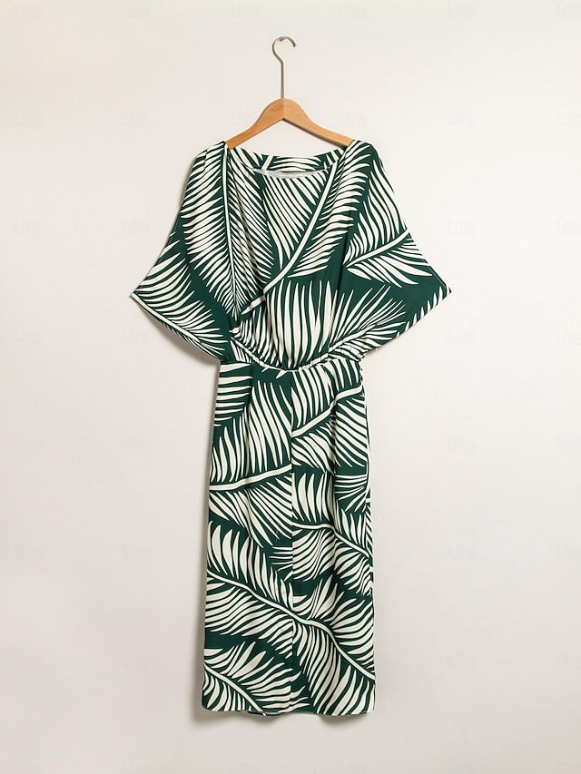 Satin Print Raglansleeve Midi Dress