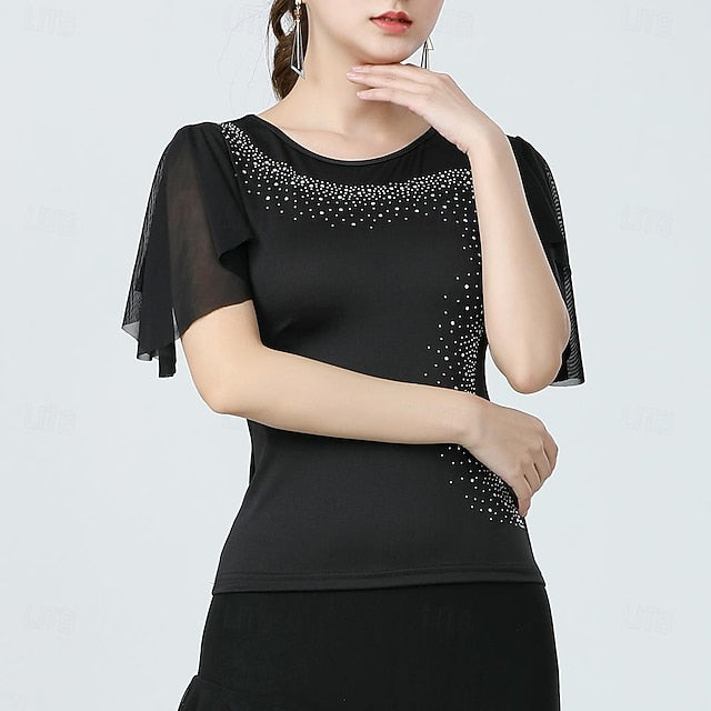 Latin Dance Ballroom Dance Top Glitter Pure Color Splicing