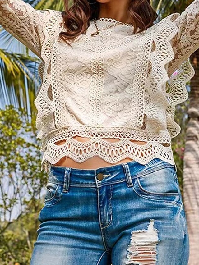 Women's Summer Tops Blouse Eyelet top Lace Tops Ruched Lace