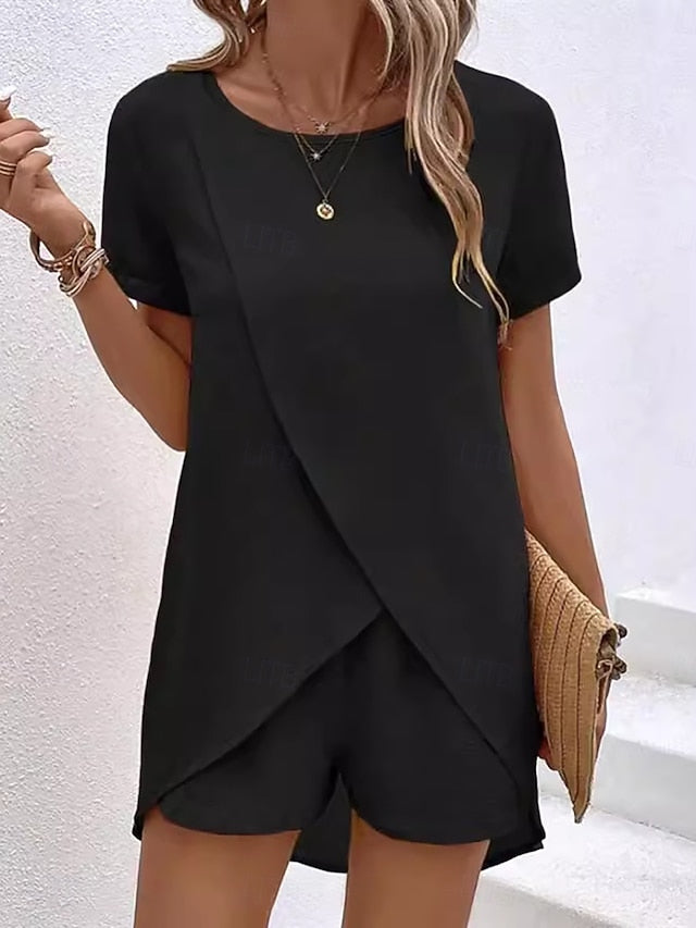 Women's Shorts Sets Short Sleeve Crew Neck Plain Ruched