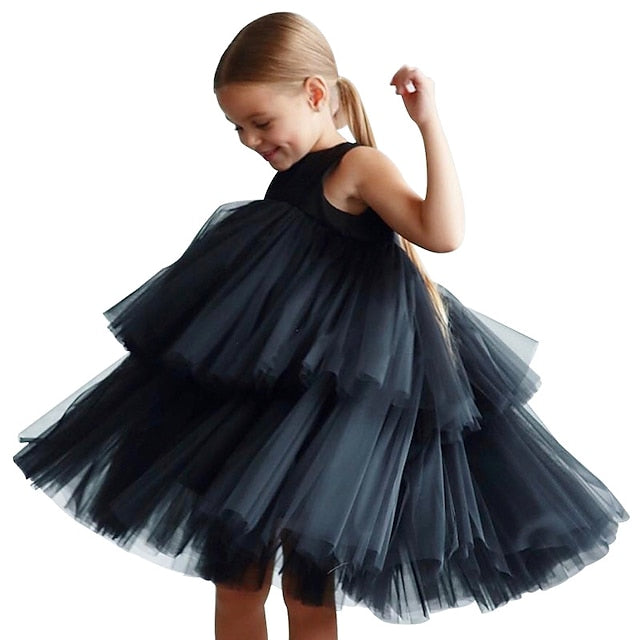 Sleeveless Wedding Party Color Solid Girls' Mesh Dress Kids