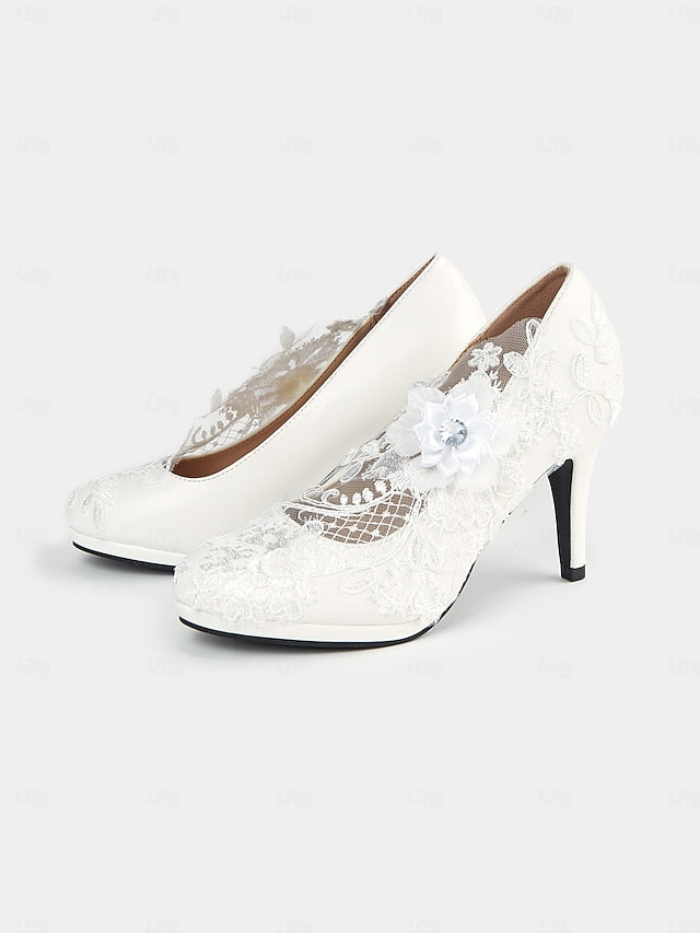 Floral – Bridal High Lace Heel Shoes Embellishments White with