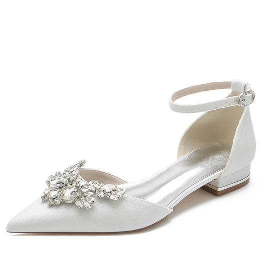 – White Satin Women's Flats Design Floral with Rhinestone