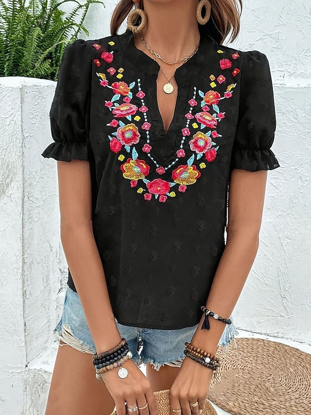 Women's T Shirt Ruffle Patchwork Embroidered Floral Fashion
