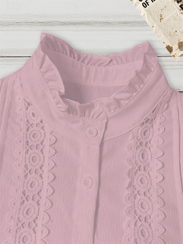Women's Shirt Blouse Eyelet top Ruched Patchwork Eyelet