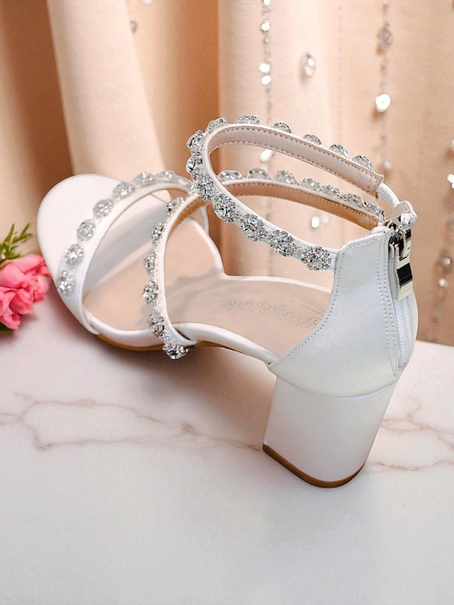 Heel Block - Open Rhinestone White Elegant Women's Sandals
