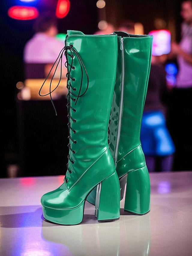 High Platform Silver Boots Metallic Knee Women's Lace-Up -