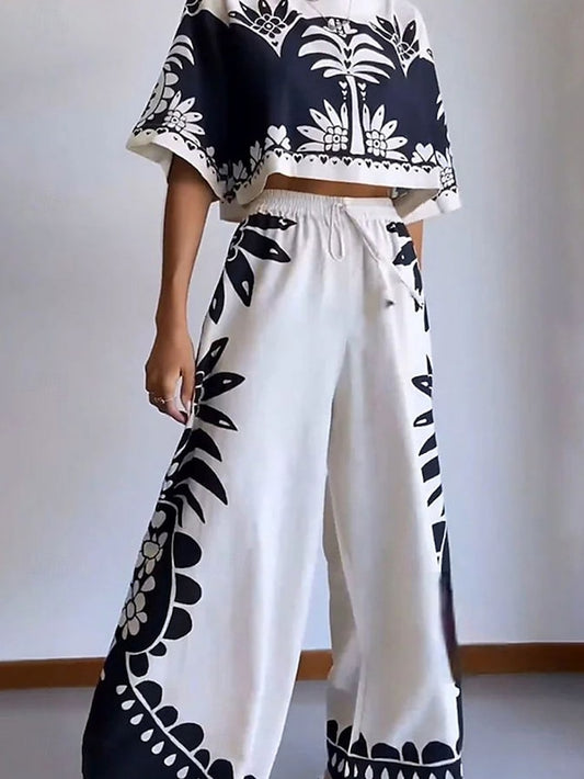 Women's Blouse Wide Leg Pants 3/4 Length Sleeve Crew Neck