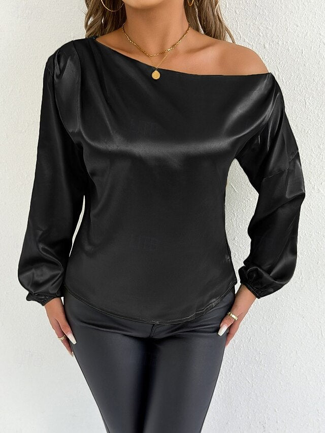 Women's Satin Tee Top Elegant Stylish Long Sleeve Puff