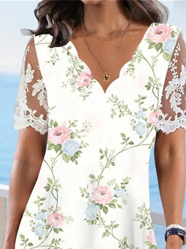 Women's Floral Lace Print Scalloped Neck Lace Sleeve Midi