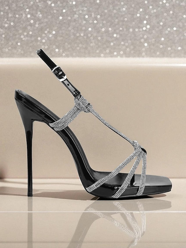 Square Stiletto Strappy Women's Rhinestone Heels with Toe