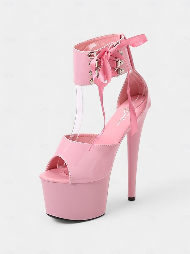 Patent Platform Sandals Lace-Up Black Straps Ankle Leather with