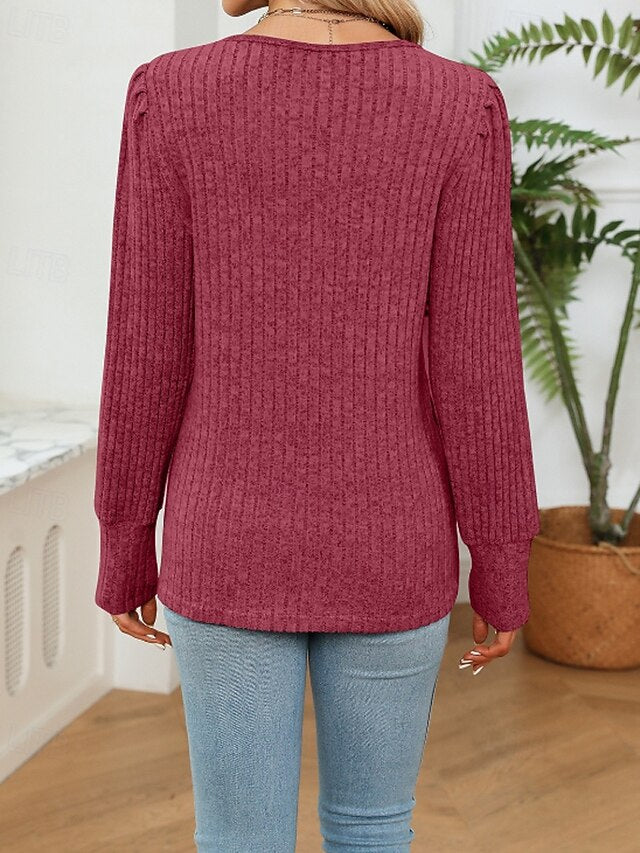 Women's T Shirt Patchwork Solid Color Casual Long Sleeve V