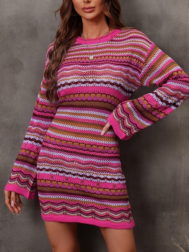 Women's Sweater Sweater Dress Casual Soft Striped Crochet