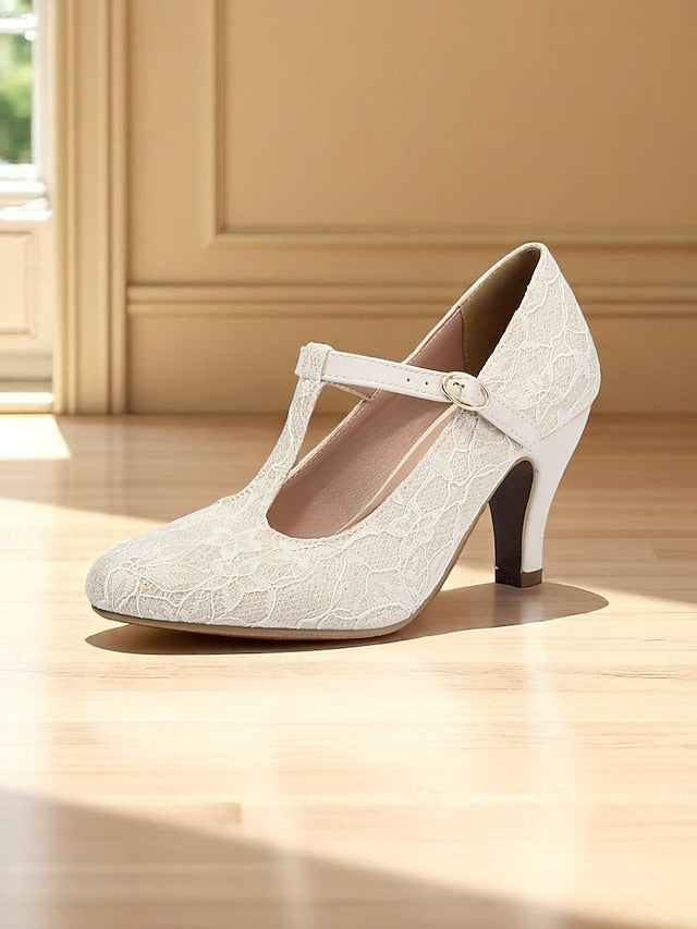 Pumps-1920s Ivory T-Strap Heel Vintage Mid Lace Women's
