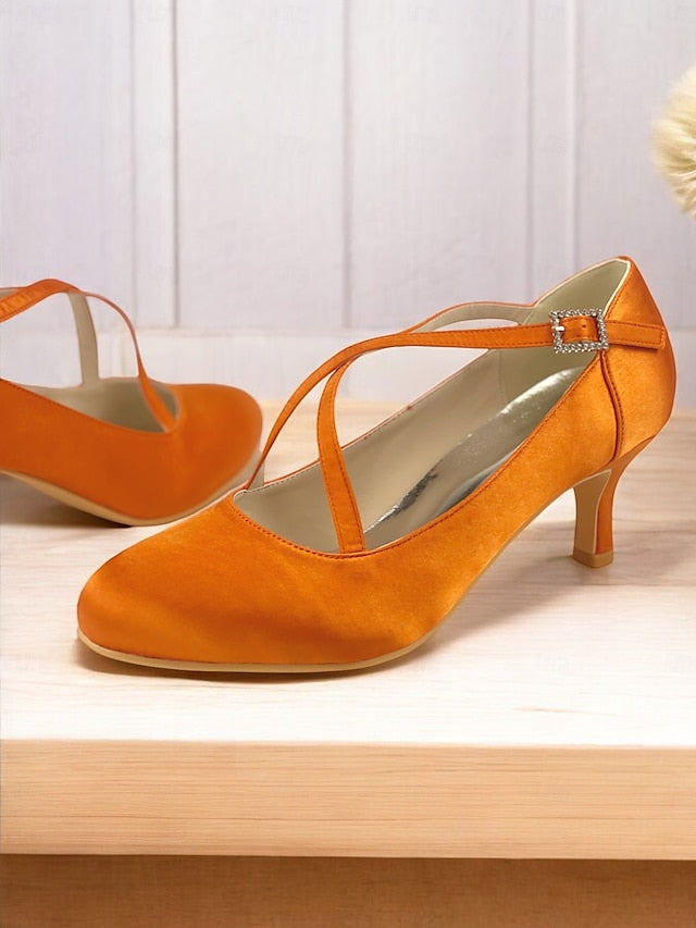 Rhinestone – Satin Buckle Heels with Elegant Cross-Strap White