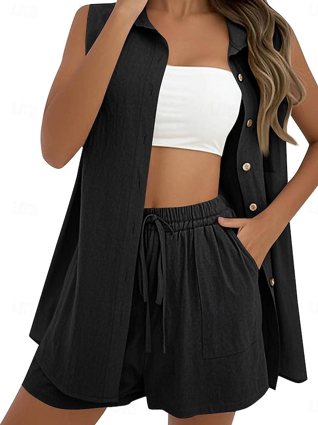 Women's Shorts Sets Sleeveless Shirt Collar Plain Ruched