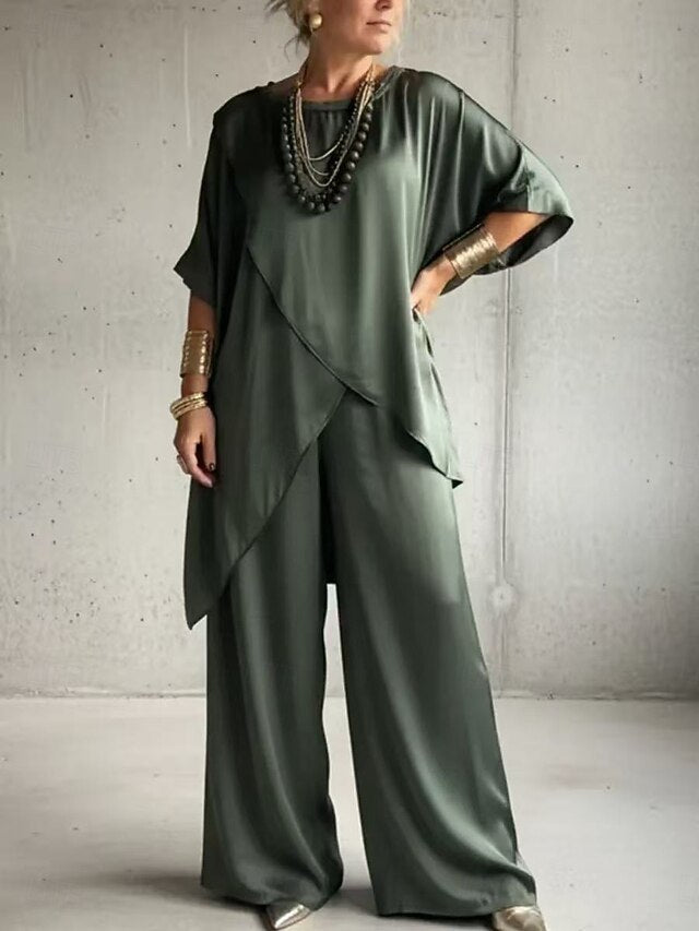 Women's Pants Sets Half Sleeve Round Neck Plain Ruched