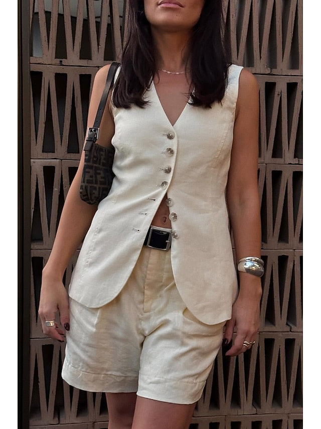 Women's Blouse Shorts Sets Sleeveless V Neck Solid Color