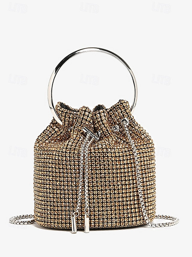Women's Rhinestone Silver Sparkling Bucket with Bag Metal