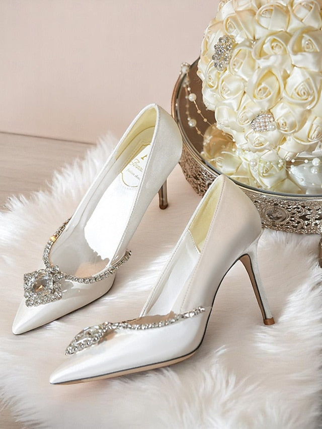 Satin with Toe Women's Crystal Wedding Pointed Heels White