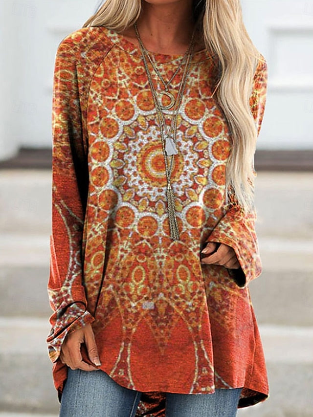 Women's T shirt Long Sleeve Graphic Geometric Vintage