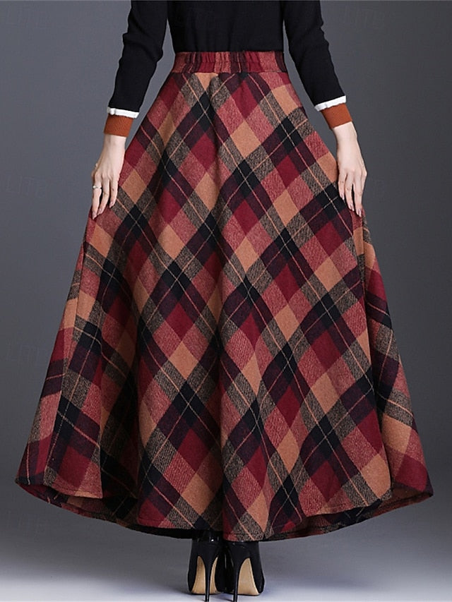 Women's Elegant Retro Vintage Maxi High Waist Skirts Plaid