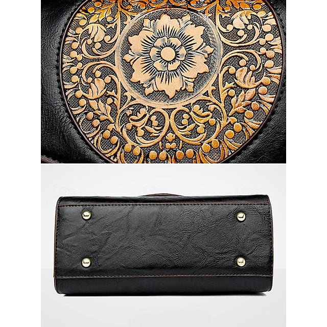 Handbag Leather Floral Engraved – Vintage Women's Faux