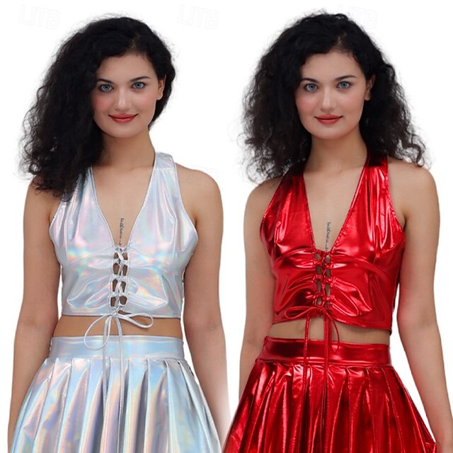 Retro Vintage 1980s Crop Top Disco Halter Shiny Latex Patent