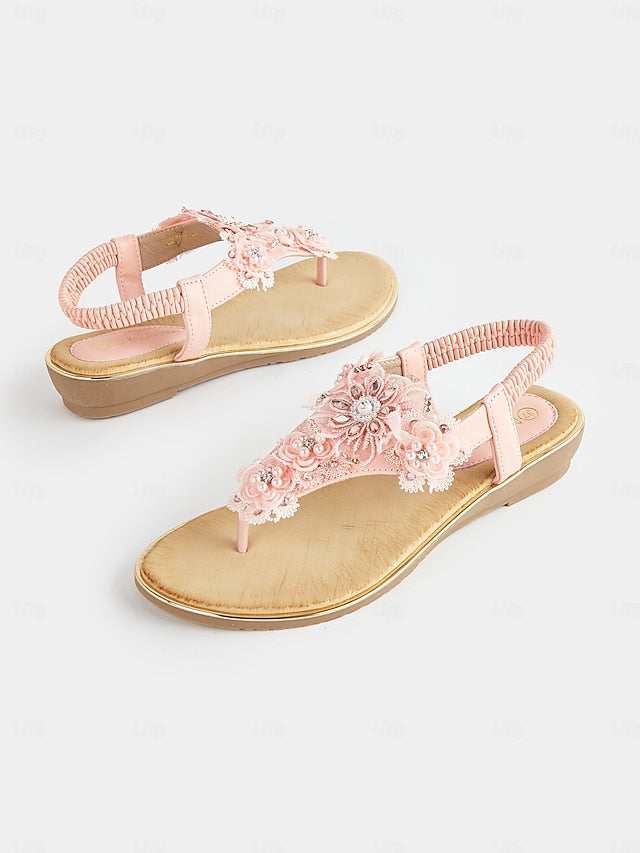 Women's Embellished T-Strap Sandals Floral Pink – Lace