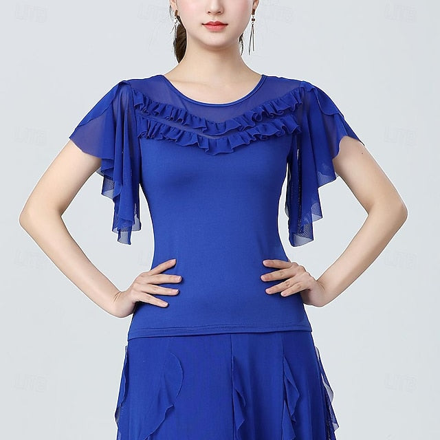 Latin Dance Ballroom Dance Top Pure Color Splicing Tulle
