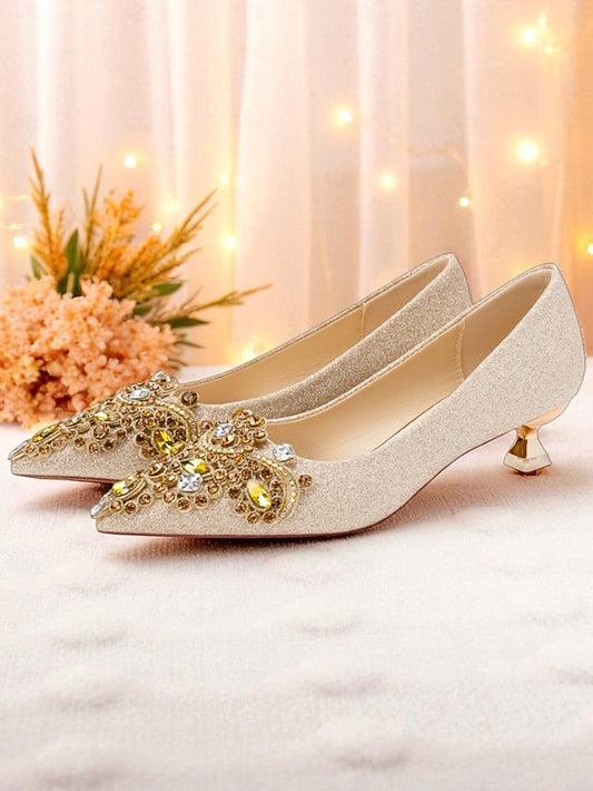 Pointed-Toe Heel Pumps Women's with Gold Glitter Low