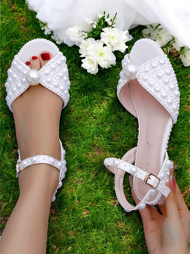Low Women's – White Sandals Pearl-Embellished Heel