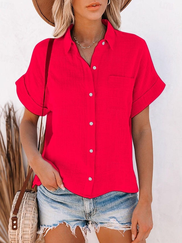 Women's Shirt Button Up Blouse Long Cotton Top Patchwork
