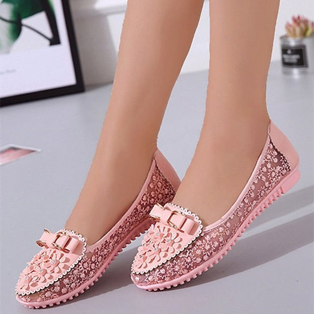 Pink Flats Floral Details - Bow with and Women's Lace