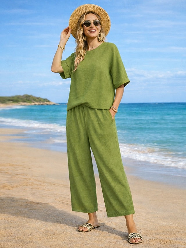Women's Cotton Linen Sets Two Piece Sets Pure Color Hot