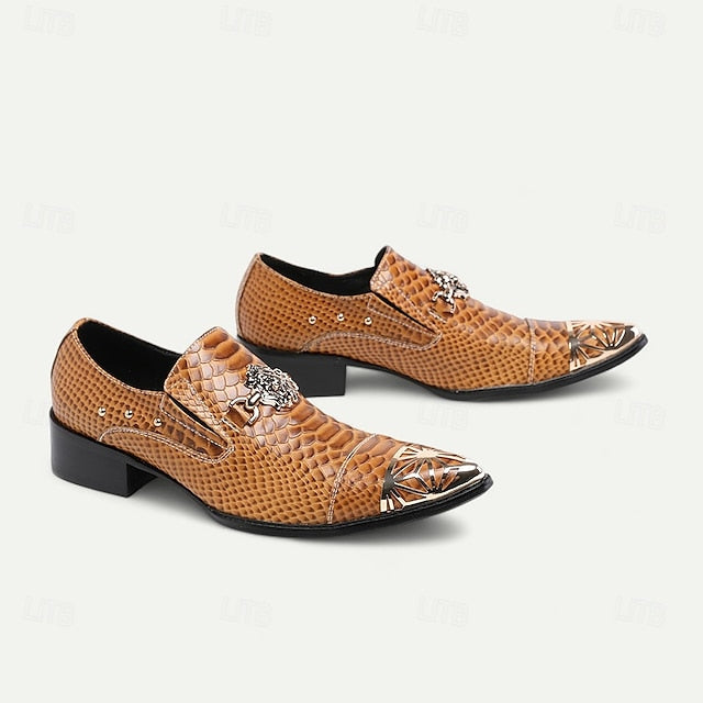 Brown with Leather Snake Pattern Slip-On Men's Metal Shoes