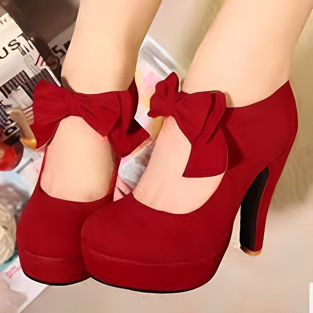 Platform Bow Pumps Heel – Suede High Vintage Red Women's
