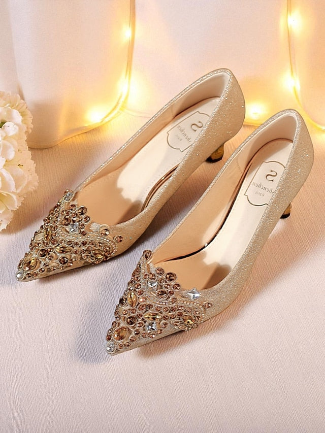Pointed-Toe Heel Pumps Women's with Gold Glitter Low